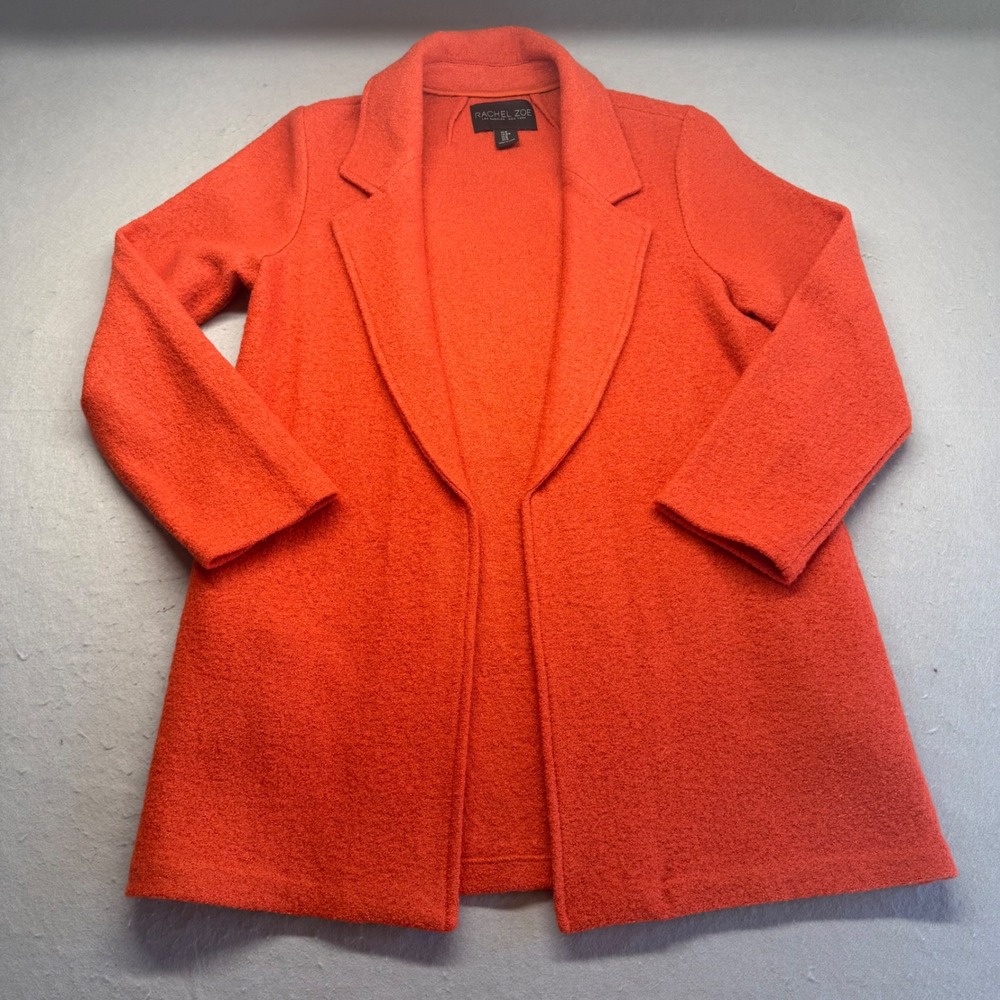 Rachel Zoe Coat Womens Medium Orange Open Front Wool Blend Long Sleeve Textured